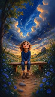 Niña sentada bajo un cielo iluminado entre nubes